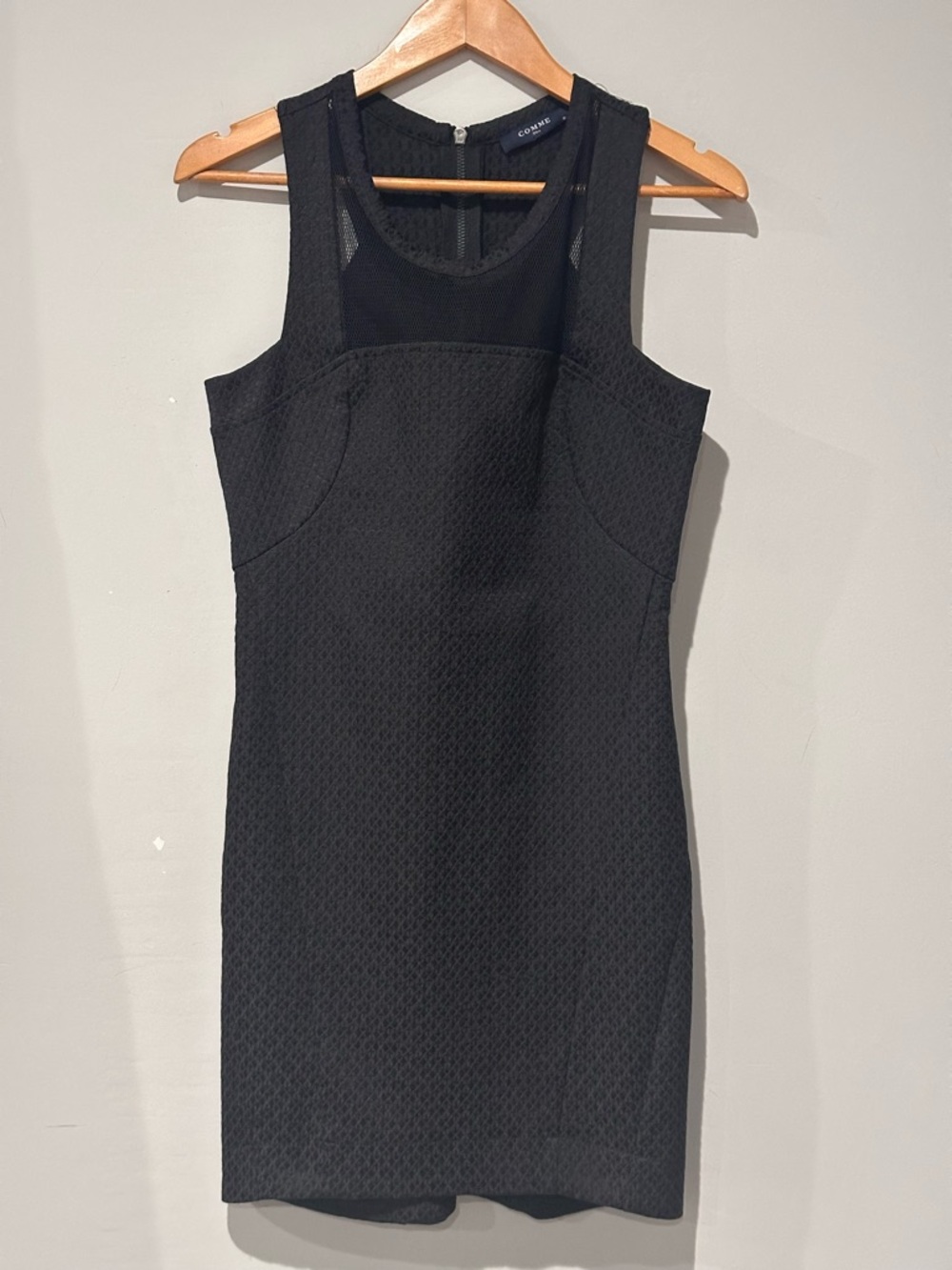 Comme USA Black Textured Sleeveless Dress Mesh Panel Size S Fitted Chic